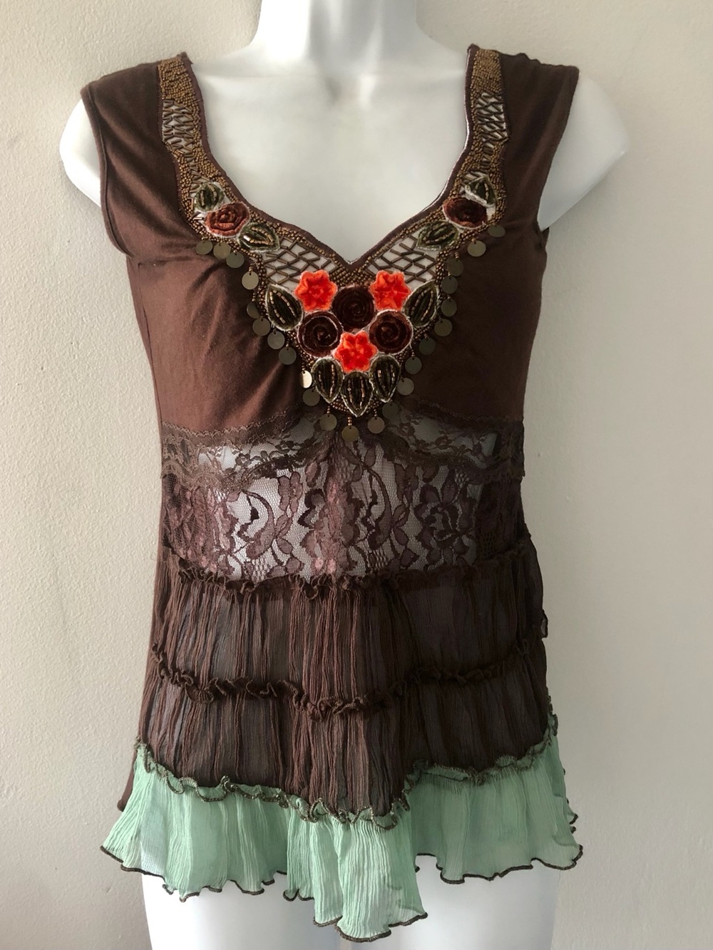 Vintage Brown Ruffled Beaded Tank Top Silk Stretch M